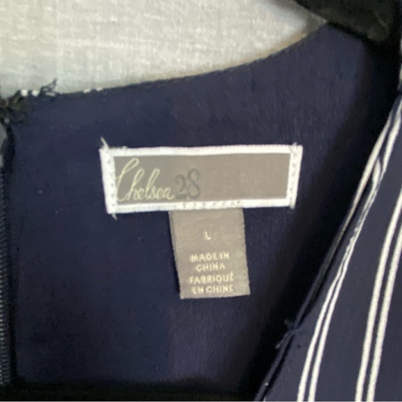 Chelsea 28 Midi Dress Cross Front Ruching Sz Large Navy Stripes - Picture 8 of 12